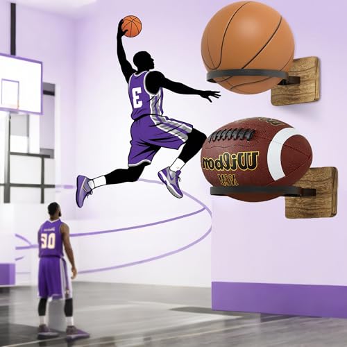 Basketball Holder Wall Mount with Wooden Base, 2 Pcs Ball Storage Holder for Football Basketball Soccer Rugby Display Rack - Boys Sports Accessories Organizer