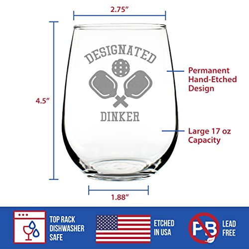 Bevvee Designated Dinker - Stemless Wine Glass - Fun Pickleball Gifts and Decor - Large 17 Ounce