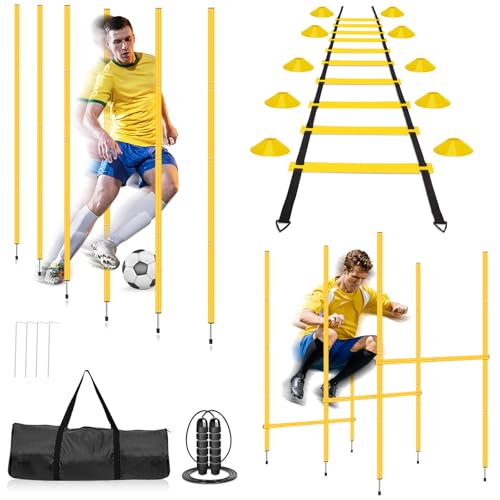 Agility Training Set: 3 Adjustable Speed Hurdles, 6 Agility Poles, 1 Agility Ladder, 12 Soccer Cones & Jump Rope, Multi-Function Soccer Training Equipment for Athletes, Amateurs, Youth