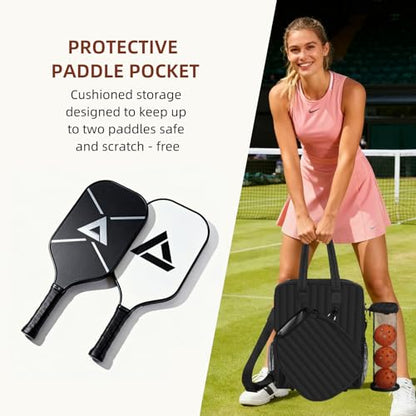 Women's Pickleball Bag with Ball Bag, Waterproof Pickle Ball Bag Tote Shoulder Bag - color: Black