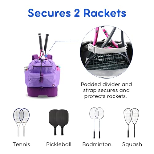 J World Ace 2 Racket Tennis Backpack for Women Men. Badminton Squash Pickleball Bag. Kids Sports Gym Bag w/Shoe Compartment - color: Purple
