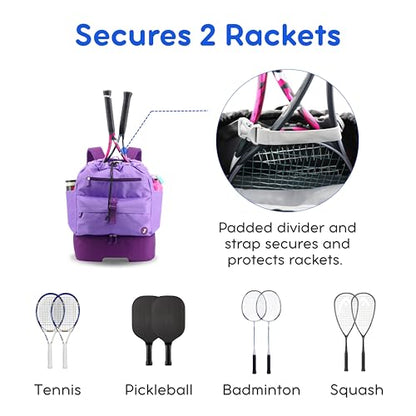 J World Ace 2 Racket Tennis Backpack for Women Men. Badminton Squash Pickleball Bag. Kids Sports Gym Bag w/Shoe Compartment - color: Purple