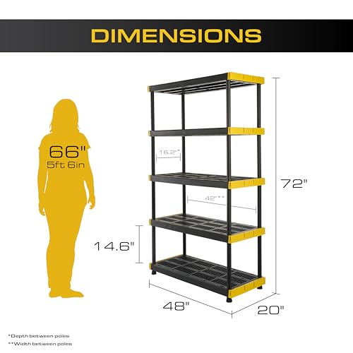 CX Black & Yellow, 5-Tier Heavy Duty Plastic Storage Shelves that Support up to 200lbs/shelf, Organization and Storage, Weather-Resistant Design, Easy Assembly (72”H x 48”W x 20”D)
