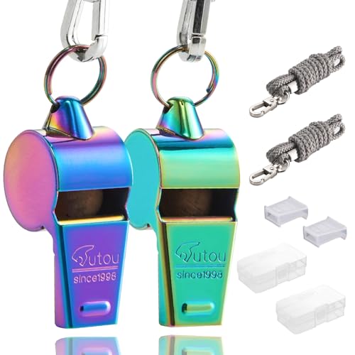 HUTOU,2 Packs Stainless Steel Sports Whistles with Lanyard, Loud Crisp Sound Whistle Ideal for Coaches, Referees, and Officials - color: 2 Packs of Rainbow