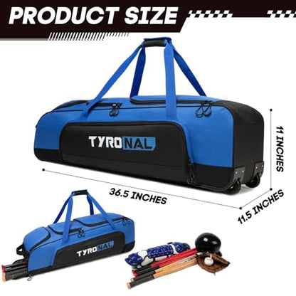 Baseball Bag with Wheels for 4 Bats,Soft Rolling Baseball Bag With Multi-Pockets, Fence Hook, Holds All Baseball Equipment. - color: Blue/Blk