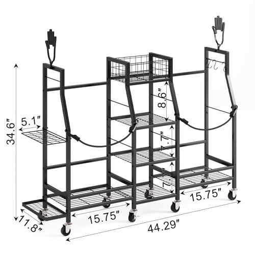Golf Bag Storage Rack for Garage with Wheels, Holds 2 Golf Bags, Golf Club & Golf Accessories Organizer with Shelves, Accessory Baskets & Glove Holders