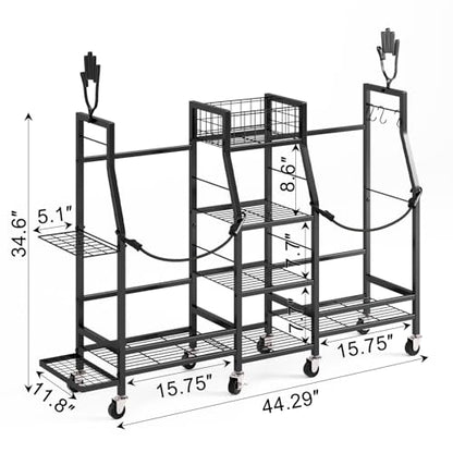 Golf Bag Storage Rack for Garage with Wheels, Holds 2 Golf Bags, Golf Club & Golf Accessories Organizer with Shelves, Accessory Baskets & Glove Holders