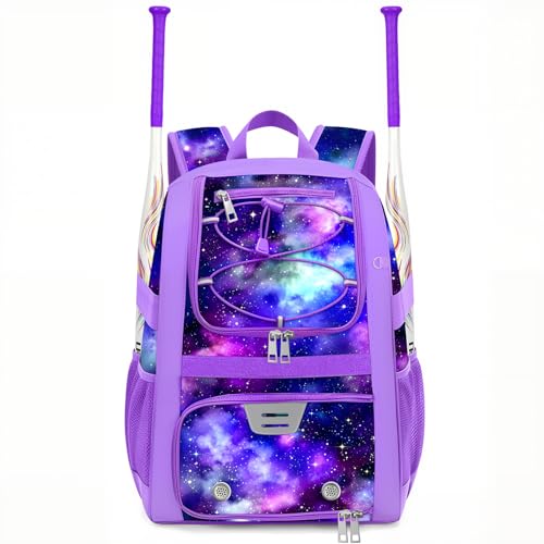 Youth Baseball Bag - Softball Bag for Girls & Boys with Shoes Compartment, Bat Backpack for Baseball, T-Ball & Softball Equipment - color: Starry Sky-Purple