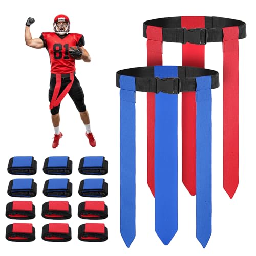 12 Sets Flag Football Set, Football Flags with 42 Flags Adjustable Capture the Flag Set for Adults, Children and Teenagers for Players' Matches and Training-Blue, Red
