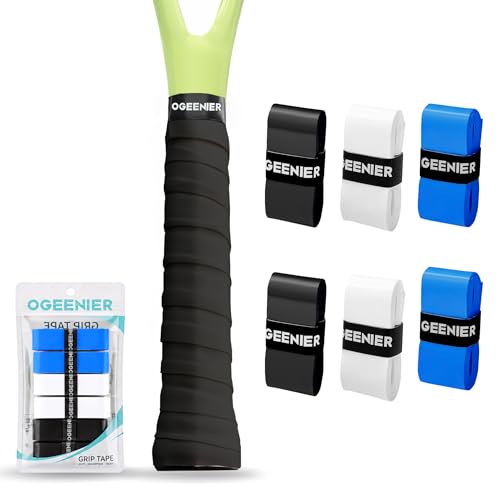 Tennis Racket Grip Tape, 3, 6, 12 Pack Tennis Overgrip Tape, Absorbent and Anti-Slip, Precut Soft Racquet Wrap Grips Tape for Pickleball Paddle/Badminton - color: Black/White/Blue, size: 6 Pack