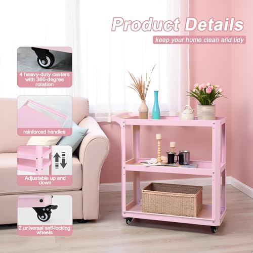 3 Tier Metal Utility Rolling Cart with Wheels, Heavy Duty Storage Organizer Trolley Cart for Kitchen, Bathroom, Office, Bedroom – Multi-Purpose 330Lbs Capacity Utility Cart on Wheels, Pink - color: Pink