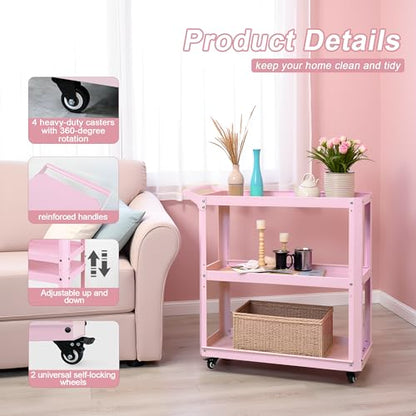 3 Tier Metal Utility Rolling Cart with Wheels, Heavy Duty Storage Organizer Trolley Cart for Kitchen, Bathroom, Office, Bedroom – Multi-Purpose 330Lbs Capacity Utility Cart on Wheels, Pink - color: Pink