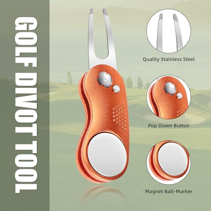 Mile High Life Golf Divot Repair Tool, All Metal Foldable Divot Tool with Pop-up Button & Magnetic Ball Marker - color: Orange Curve
