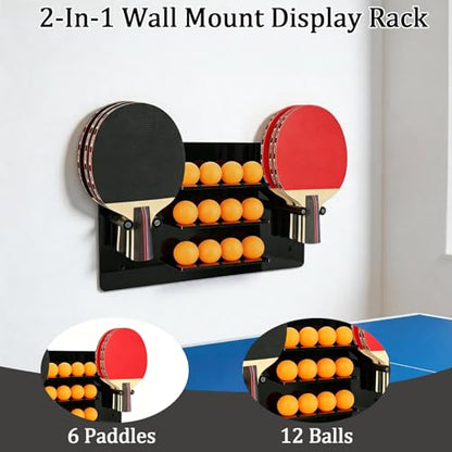 Ping Pong Paddle Holder, Wall Mounted Acrylic Table Tennis Racket & Ball Storage Rack, Holds 6 Paddles and 12 Balls, Space Saving Organizer for Game Room Home Gym, Black