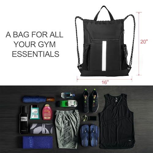 BeeGreen Mix-Black-Drawstring-Backpack-Bag, Large String Sack with Shoe Compartment and Two Side Mesh Pockets Lightweight Sturdy For Gym - color: Mix Black, style: Drawstring With Shoe Compartment