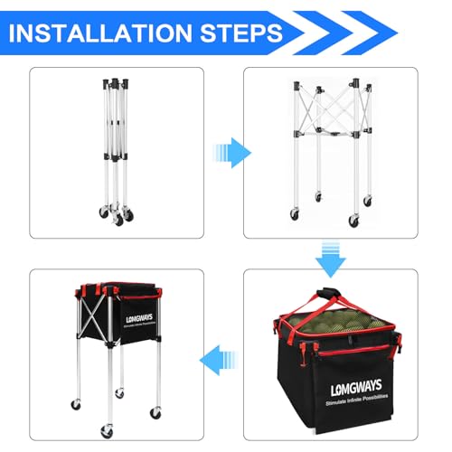 Pickleball Tennis Ball Hopper-Foldable Lightweight Tennis Cart Holds 180 Tennis/160 Pickleballs with Removable Bag,Wheels,Side Pocket for Training/Teaching, for Tennis/Pickleball/Baseball/Softball - style: Red