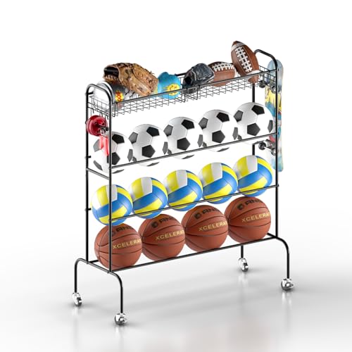 Ball Storage - Basketball Cart With Wheels Garage Volleyball Storage Sport Equipment Holder Organizer For Indoor Outdoor,Metal Storage Rack For Playgroup,Gym And School - style: 4-Tier Ball Rack
