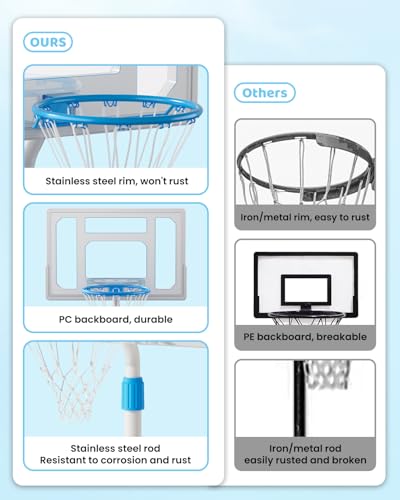 Pool Basketball Hoop, Adjustable Swimming Pool Basketball Goal, Stainless Steel Poolside Hoop with 32" Shatterproof Backboard, Portable Poolside Basketball, 2 Balls & Pump Included