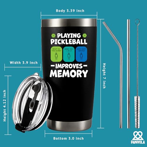 Panvola Playing Pickleball Improves Memory Tumbler Sports Player Gifts Vacuum Insulated Stainless Steel Tumbler With Removable Lid And Straw (Black, 20 oz) - size: 20 Ounces