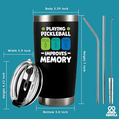 Panvola Playing Pickleball Improves Memory Tumbler Sports Player Gifts Vacuum Insulated Stainless Steel Tumbler With Removable Lid And Straw (Black, 20 oz) - size: 20 Ounces