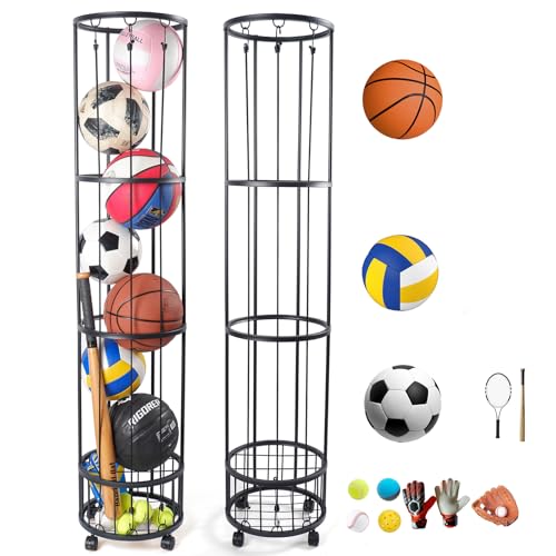 Upgrated Ball Storage Rack with Small Bottom Ball Holder, 3 Adjustable Elastic Cords Sports Equipment Organizer, Wall-Mounted Basketball Rack for Indoor,Outdoor,Home,Garage - size: 4 Layer with open top