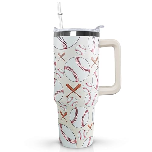 Ceovfoi 40 oz Baseball Coffee Mug Cup Vacuum Insulated Travel Tumbler with Handle Lid and Straw,Baseball Coach Gifts,Baseball Accessories Stuff - color: Baseball