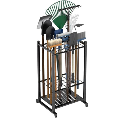 Garden Tool Organizer, Yard Tool Tower Rack for Garage Organization and Storage, Up to 35 Long-Handled Tools/Rakes/Brooms, Heavy Duty Steel Garden Tool Stand for Shed, Outdoor, Black - style: Rack