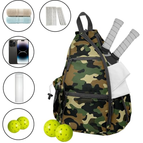 Pickleball Bag Camouflage Green Pickle Ball Backpack for Women Men Premium Lightweight Crossbody Sling Bag Sports Backpack for Pickleball Paddle Tennis - color: Camouflage Green
