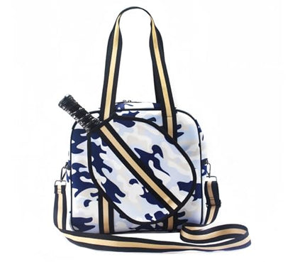 Pickleball Sports Tote Bag with Racket Holder, Neoprene, Adjustable Shoulder Strap - color: White/Blue Camouflage