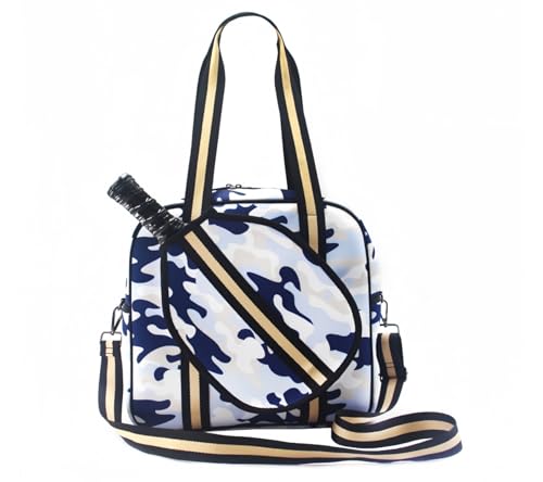 Pickleball Sports Tote Bag with Racket Holder, Neoprene, Adjustable Shoulder Strap - color: White/Blue Camouflage