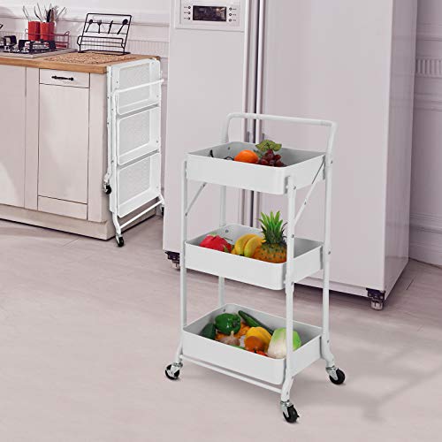 Foldable 3 Tier Metal Utility Rolling Cart, Folding Mobile Multi-Function Storage Trolley Organizer Cart for Home Library Office(White) - color: White