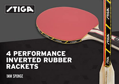 STIGA Performance 4 Player Ping Pong Paddle Set of 4 – Table Tennis Rackets, 6 – 3 Star Orange and White Balls