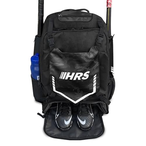 Hit Run Steal Bat Bag Backpack, Holds 4 Bats, Gloves, Helmet, and Cleats, Black Camo
