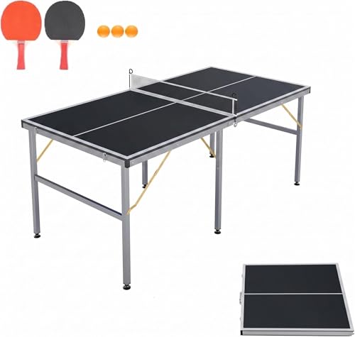 Portable Foldable Ping Pong Table, 3x6 ft Mid-Size Table Tennis Game Set with Net, 2 Paddles & 3 Balls, Indoor Outdoor for Adults Teens, Quick Assembly, Black - color: Black