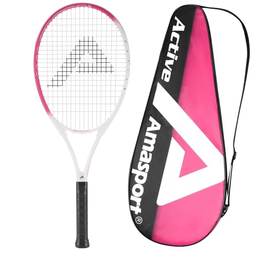 AMA SPORT Adult Tennis Racket - Pre-Strung Light Balance 27 inch Tennis Racquet for Women and Men Grip Size 2-4 1/4" - color: Pink