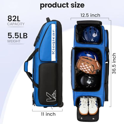 Catchers Gear Bag with Wheels for 4 Bats, Rolling Baseball Softball Bag With Multi-Pockets, Fence Hook, Holds All Baseball Equipment. - color: Blue
