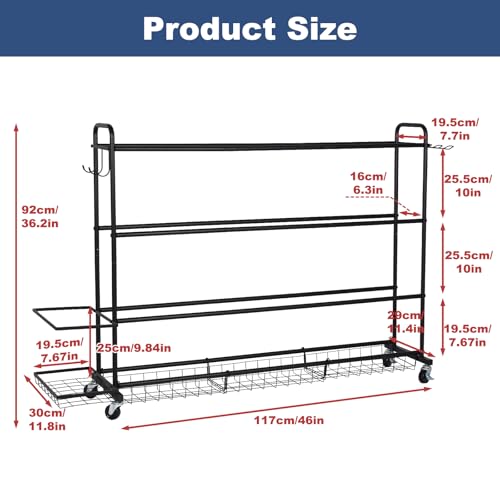 Basketball Rack, Shooting Training Rolling Ball Stand, Garage Organizer with Wheels, 4-Layer Sports Equipment Storage Holder with Baskets and Hooks for Soccer Baseball Footballs Volleyball