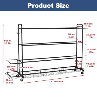 Basketball Rack, Shooting Training Rolling Ball Stand, Garage Organizer with Wheels, 4-Layer Sports Equipment Storage Holder with Baskets and Hooks for Soccer Baseball Footballs Volleyball