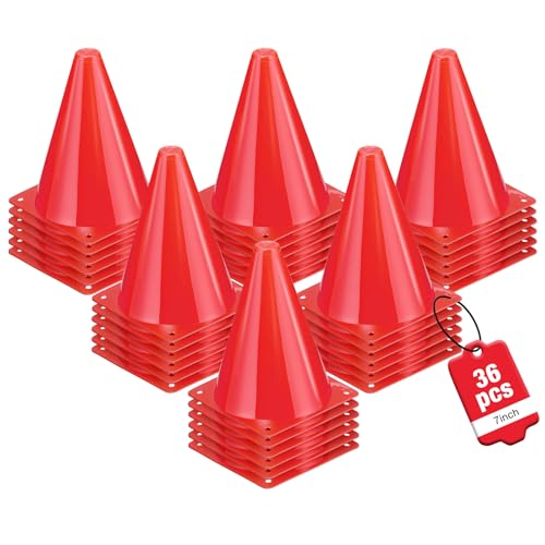 36pcs Cones 7 Inch Soccer Cones and Plastic Traffic Cones, Durable Cones for Sports Training, Ideal for Soccer, Basketball, Football, Skating, and Agility Drills Practice - color: red
