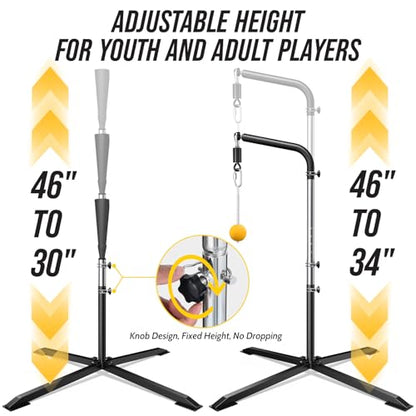 2-in-1 Baseball & Softball Swing Trainer – Reinforced Soft-Rope Version, Adjustable Height 30"-46", Heavy-Duty X-Base, Smooth Impact Design for Stable Backyard Practice