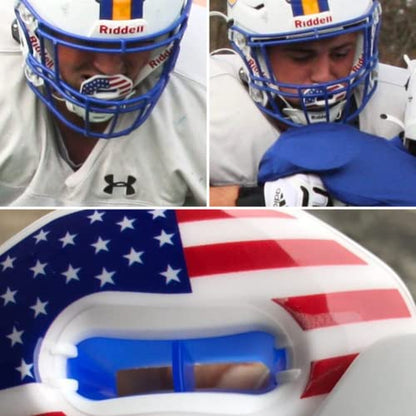 Oral Mart Flag Football Mouth Guard with 3D LipFit Design for Kids - Youth Football Mouthguard (No Boil) Cool Instant Fit Lip Guard Mouthpiece for Braces (Detachable Helmet Strap Included) - color: American Flag