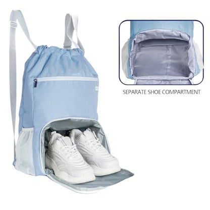 BAVELOE Drawstring Backpack with Wet Pocket & Shoe Compartment, Water-Resistant Sports Gym Swim String Bag for Women Men(Sky Blue) - color: Sky Blue