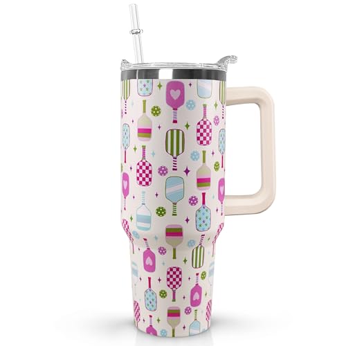 Ceovfoi 40 oz Pickleball Coffee Mug Vacuum Insulated Travel Tumbler with Handle, Lid & Straw - Perfect Pickleball Gifts for Players, Coaches, Lovers | Pickleball Accessories - color: Pickleball