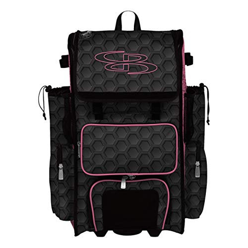 Boombah Rolling Superpack 2.0 3DHC Baseball/Softball Gear Bag - 23-1/2" x 13-1/2" x 9-1/2" - Multiple Colors - Telescopic Handle and Holds 4 Bats - Wheeled Version - color: Black/Pink