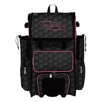 Boombah Rolling Superpack 2.0 3DHC Baseball/Softball Gear Bag - 23-1/2" x 13-1/2" x 9-1/2" - Multiple Colors - Telescopic Handle and Holds 4 Bats - Wheeled Version - color: Black/Pink