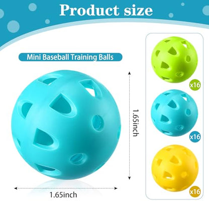 VioraWhite 48 Pack Mini Practice Baseballs 1. 65 Inch Small Baseball Training Lightweight Hollow with a Drawstring Bag for Hitting, Batting Training Use - color: Green,Yellow，blue,