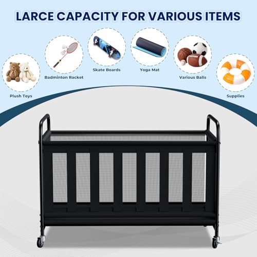 Ball Storage Bin Large with Wheels, Outdoor Ball Storage for Garage, Sports Equipment Organizer Storing Volleyball, Basketball, Toys, Soccer and Baseball