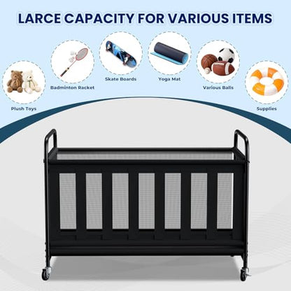 Ball Storage Bin Large with Wheels, Outdoor Ball Storage for Garage, Sports Equipment Organizer Storing Volleyball, Basketball, Toys, Soccer and Baseball