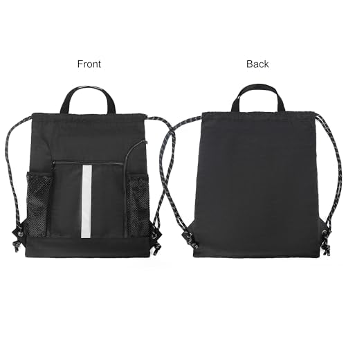 BeeGreen Mix-Black-Drawstring-Backpack-Bag, Large String Sack with Shoe Compartment and Two Side Mesh Pockets Lightweight Sturdy For Gym - color: Mix Black, style: Drawstring With Shoe Compartment