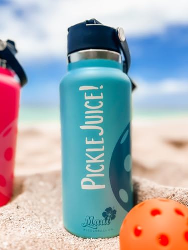 Maui Pickleball Co.™ Pickleball Water Bottle 32oz Best Pickleball Accessories Insulated Stainless Steel Water Bottle Funny PickleBall Gift Unique Sip/Straw Lid and Carry Handle - color: North Shore Blue